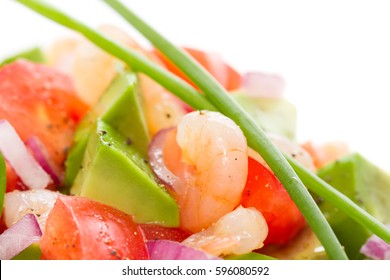 Fresh Prawn Salad With Avocado And Tomatoes Close Up