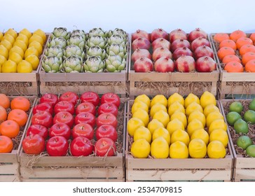 Fresh produce, fruits and vegetables, in display crates on the back of a truck for sale at a farmers market - Powered by Shutterstock