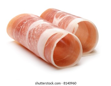 Fresh Prosciutto Roll Isolated On White Close Up