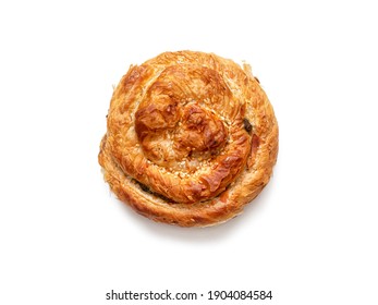 Fresh Puff Pastry Baked Goods With Golden Crispy Crust Stuffed With Minced Chicken Isolated On White Background. View From Above