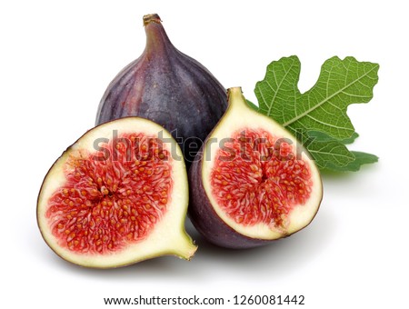 Fresh purple fig fruit and slices with leaf isolated on white background ストックフォト © 