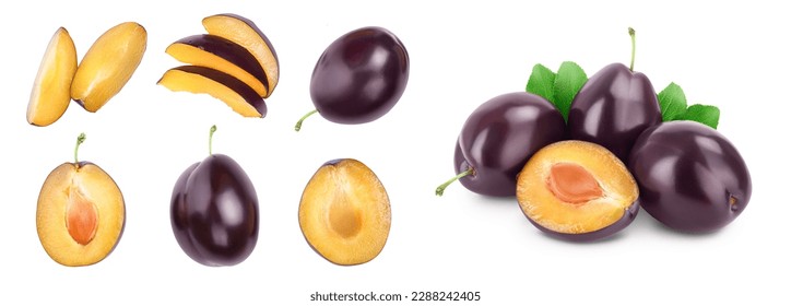 fresh purple plum and half isolated on white background . Top view. Flat lay. Set or collection.