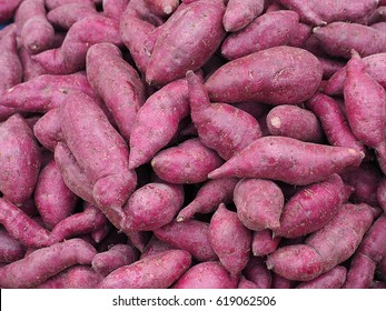 Fresh Purple Yams Pile For Sale In Fresh Market. Fruits Organic For Good Health. Foods And Fruits Healthy Concept