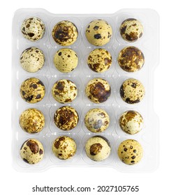 Fresh Quail Eggs In Plastic Egg Tray, Top View On White Background