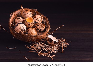 Fresh Quail Eggs, In A Plate Of Coconut, On A Wooden Brown Table, Top View, Vertical, No People,