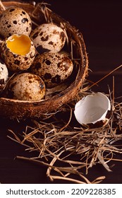 Fresh Quail Eggs, In A Plate Of Coconut, On A Wooden Brown Table, Top View, Vertical, No People,