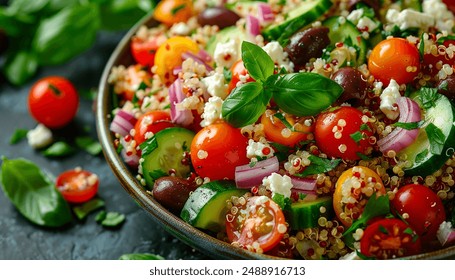 Fresh Quinoa Salad with Cherry Tomatoes, Cucumbers, and Feta Cheese