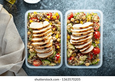 Fresh Quinoa Tabbouleh Salad With Grilled Chicken And Chickpeas, Healthy Meal Prep