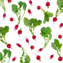 Fresh Radish With Leaves Creative Pattern On White Background. Healthy Eating And Dieting Food Concept. Whole And Sliced Fresh Radishes Composition And Design Elements.