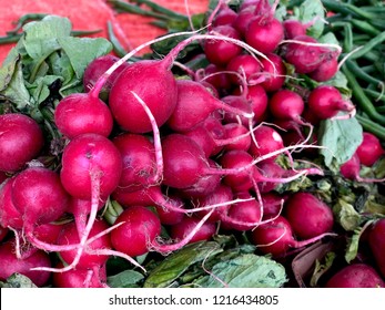 Fresh Radishes pile farmers market red Root vegetables background 