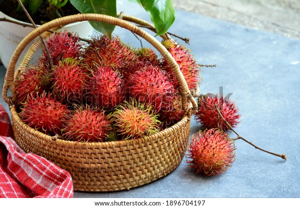 Fresh Rambutan Fruits Rattan Basket Rambutan Stock Photo Edit Now 1896704197