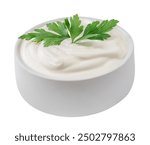 Fresh ranch sauce or greek yogurt tzatziki sauce in a bowl  isolated on white background.Ssour cream dip sauce with parsley  closeup