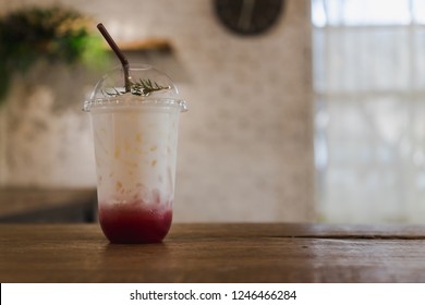 Fresh Rasberry Cream Soda, Cold Drink Or Beverage With Ice On  Blur Interior Cafe Window Background