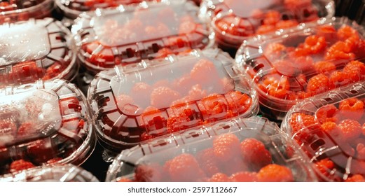 Fresh raspberry in plastic packaging at local urban market. Organic produce on sale at outdoor farmer market. Selling fresh crops and veggies harvest. European urban setting. Part of the series