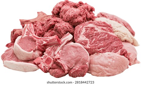 Fresh raw assorted cuts of beef and pork meat pile