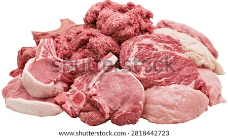 Fresh raw assorted cuts of beef and pork meat pile