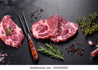 Fresh raw beef meat to make delicious juicy steak with spices and herbs. Preparation for grilled meat