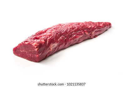 Fresh and raw beef meat. Whole piece of tenderloin ready to cook isolated on white background