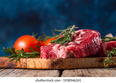 Fresh Raw Beef Slice Steak Vegetables Blue Background Culinary Recipes Gastronomy