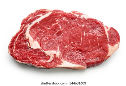 fresh raw beef steak isolated on white background, top view