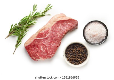 Fresh Raw Beef Steak With Rosemary, Salt And Pepper Top View Isolated On White Background