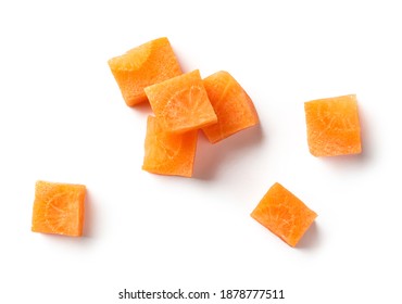 Fresh Raw Carrot Cubes Isolated On White Background, Top View