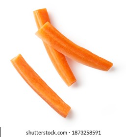 Fresh Raw Carrot Sticks Macro Isolated On White Background, Top View