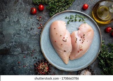 Fresh Raw Chicken Breast With Herbs And Spices, Top View. Culinary Cooking Ingredients