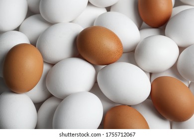 Fresh raw chicken eggs as background, top view