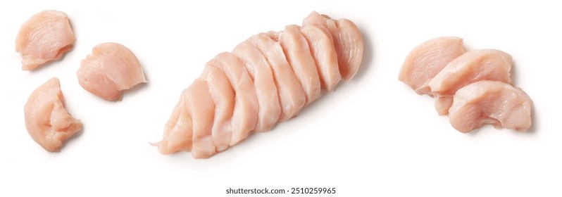 fresh raw chicken fillet meat pieces isolated on white background, top view - Powered by Shutterstock