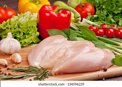 Fresh Raw Chicken  Fillet  And Vegetables Prepared For Cooking