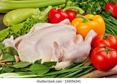 Fresh Raw Chicken And Vegetables Prepared For Cooking