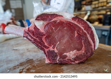 Fresh Raw Cut Of Beef On A Butcher Block Close Up