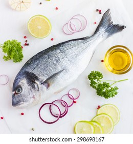 Fresh Raw Dorado Fish With Spices On White Background, Top View, Square Image