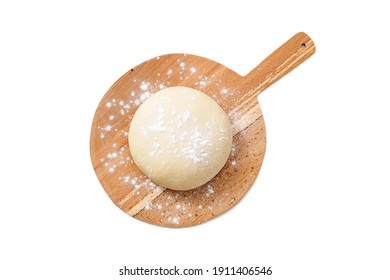 Fresh Raw Dough For Pizza Or Bread Baking On Wooden Cutting Board Isolated On White Background. Top View