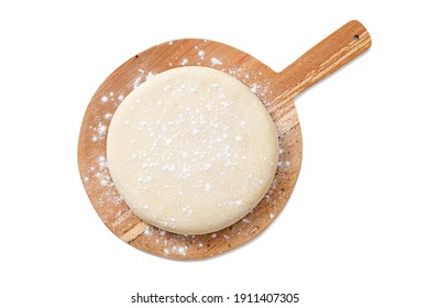 Fresh Raw Dough For Pizza Or Bread Baking On Wooden Cutting Board Isolated On White Background. Top View