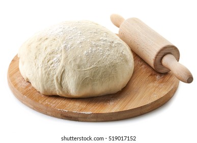fresh raw dough for pizza or bread baking on wooden cutting board isolated on white background