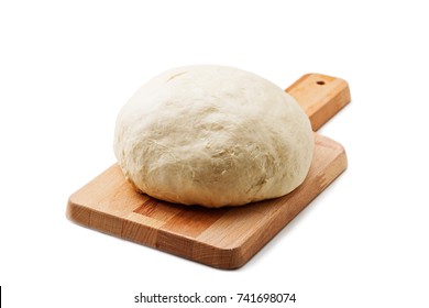 Fresh Raw Dough For Pizza Or Bread Baking On Wooden Cutting Board Isolated On White Background.