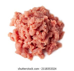 Fresh Raw Ground Pork Heap Isolated On White Background. Pork And Beef Minced Meat. Top View