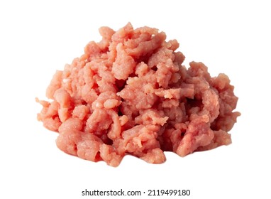 Fresh Raw Ground Pork Heap Isolated On White Background. Pork And Beef Minced Meat. Isolated On White Background. Horizontal View