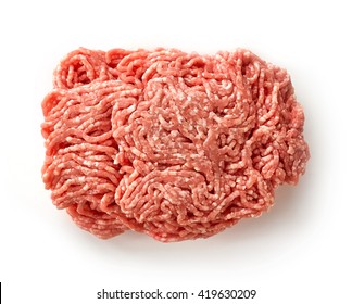 Fresh Raw Ground Pork Heap Isolated On White Background, Top View