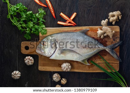 Fresh Raw GT Giant Trevally Fish on Cutting Board Flat Lay in Wood Background Table 