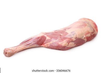 Fresh Raw Meat Of A Leg Young Lamb On White Background 