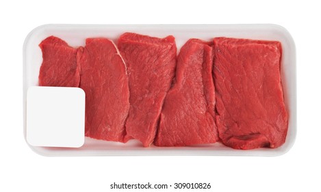 Fresh Raw Meat In Package, Isolated On White Background