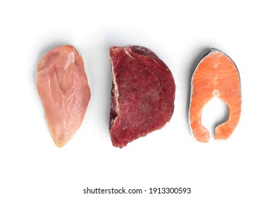 Fresh Raw Meat, Salmon And Chicken Fillet Isolated On White Background. Natural Food High In Protein.