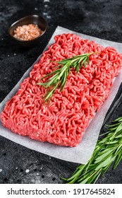 Fresh Raw Mince Beef, Ground Meat On Butcher Paper. Black Background. Top View