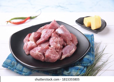 Fresh Raw Mutton Boneless Pieces On Black Plate