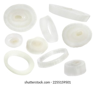 Fresh raw onion rings falling on white background
