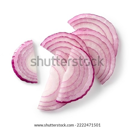 fresh raw onion slices isolated on white background, top view