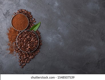 Fresh Raw Organic Coffee Beans With Ground Powder And Coffee Trea Leaf On Black. Space For Text